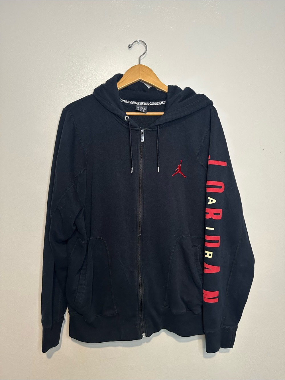 Nike Air Jordan Jumpman Full Zip Hoodie Black Red Sleeve Spellout Men's Sz XL
